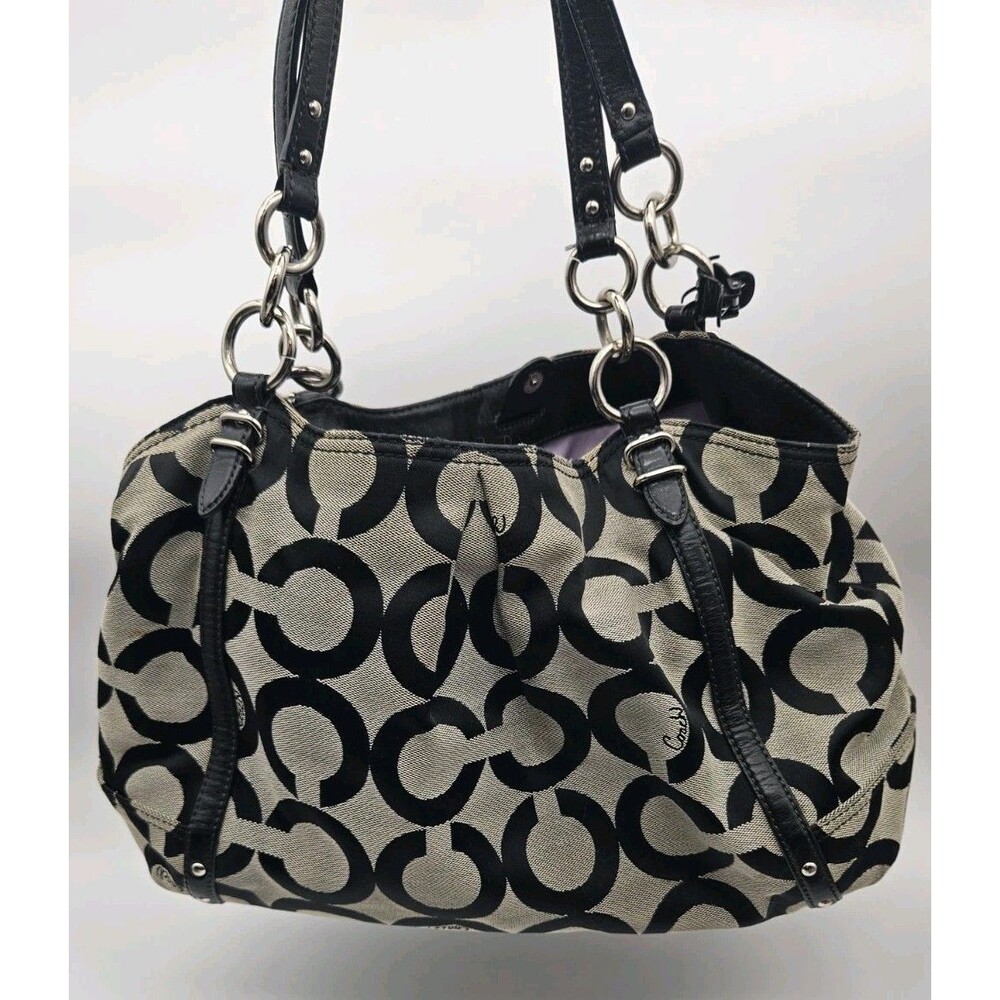 Coach Signature Black Gray Logo Shoulder Bag w/ Silver Hardware Purple Interior